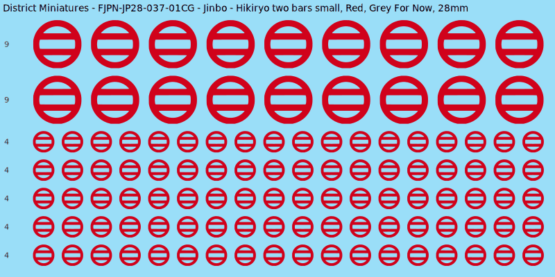 Jinbo clan mon, Red waterslide decal sheet, Grey For Now banner sizes, 28mm