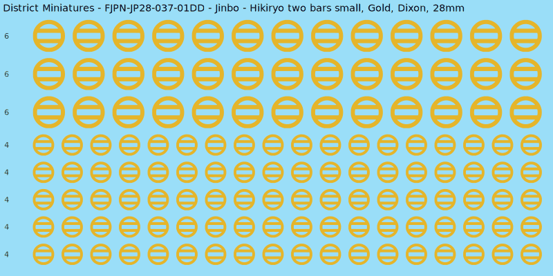 Jinbo clan mon, Yellow/Gold waterslide decal sheet, Dixon banner sizes, 28mm