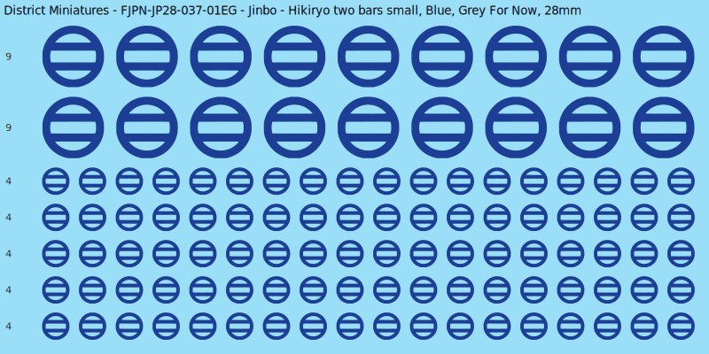 Jinbo clan mon, Blue waterslide decal sheet, Grey For Now banner sizes, 28mm