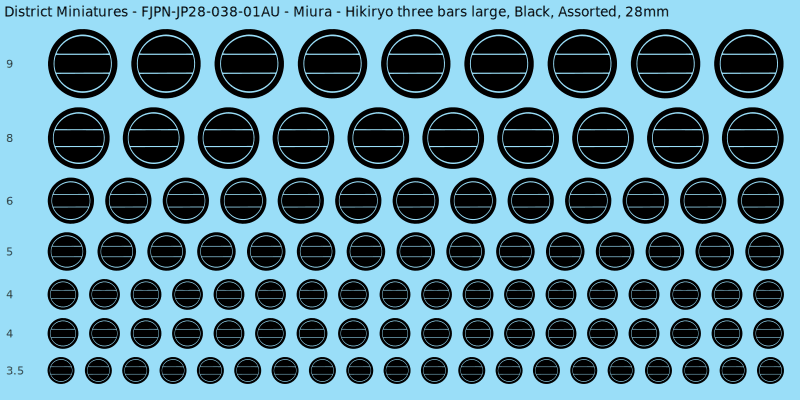 Miura clan mon, Hikiryo three bars large, Black waterslide decal sheet, 28mm