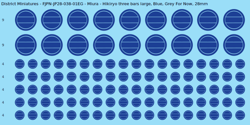 Miura clan mon, Blue waterslide decal sheet, Grey For Now banner sizes, 28mm