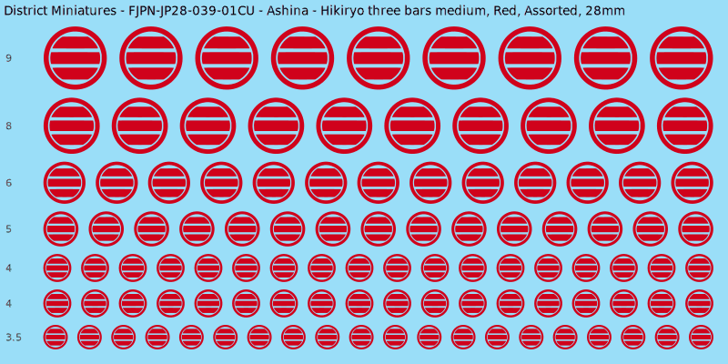 Ashina clan mon, Hikiryo three bars medium, Red waterslide decal sheet, 28mm