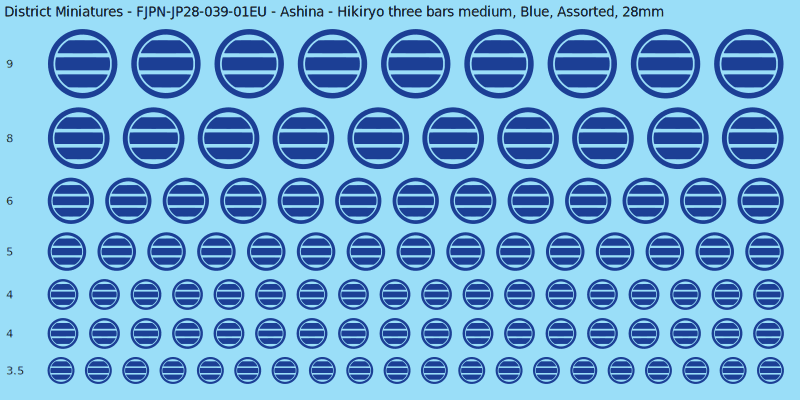 Ashina clan mon, Hikiryo three bars medium, Blue waterslide decal sheet, 28mm