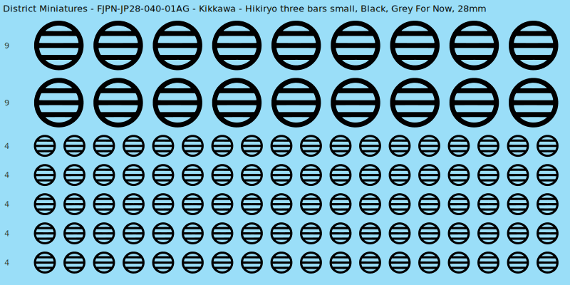 Kikkawa clan mon, Black waterslide decal sheet, Grey For Now banner sizes, 28mm