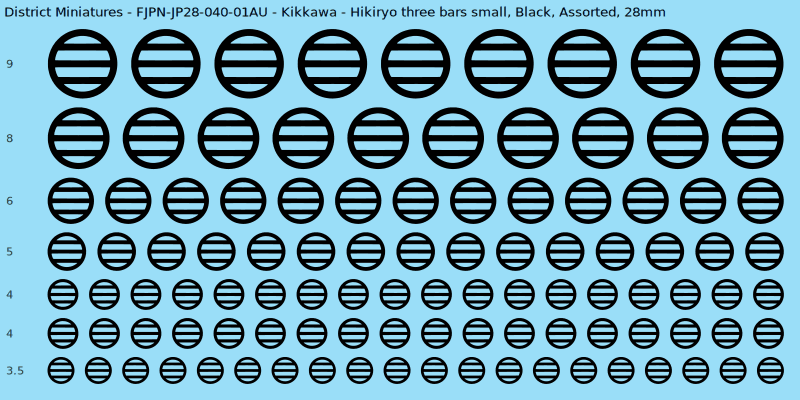 Kikkawa clan mon, Hikiryo three bars small, Black waterslide decal sheet, 28mm