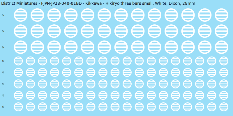Kikkawa clan mon, White waterslide decal sheet, Dixon banner sizes, 28mm