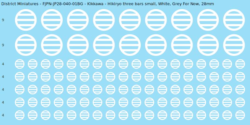 Kikkawa clan mon, White waterslide decal sheet, Grey For Now banner sizes, 28mm
