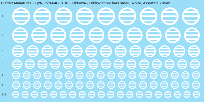 Kikkawa clan mon, Hikiryo three bars small, White waterslide decal sheet, 28mm