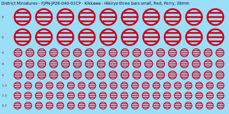Kikkawa clan mon, Red waterslide decal sheet, Perry banner sizes, 28mm