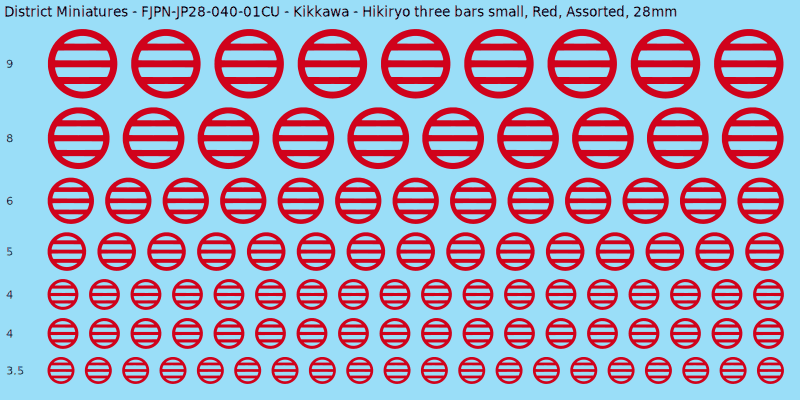 Kikkawa clan mon, Hikiryo three bars small, Red waterslide decal sheet, 28mm