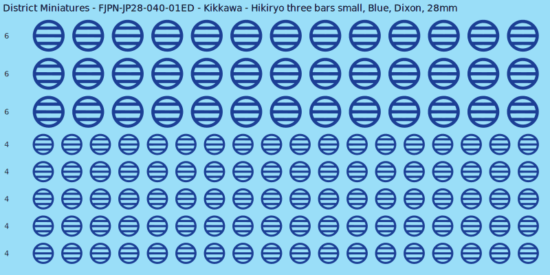 Kikkawa clan mon, Blue waterslide decal sheet, Dixon banner sizes, 28mm