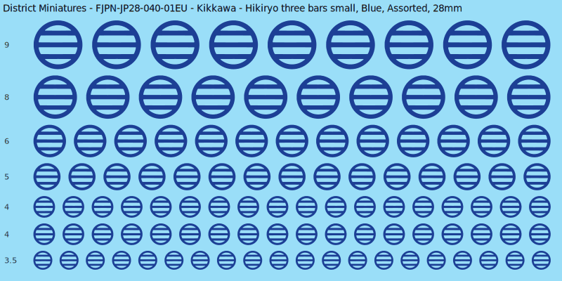 Kikkawa clan mon, Hikiryo three bars small, Blue waterslide decal sheet, 28mm