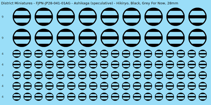 Ashikaga (speculative) clan mon, Black waterslide decal sheet, Grey For Now banner sizes, 28mm