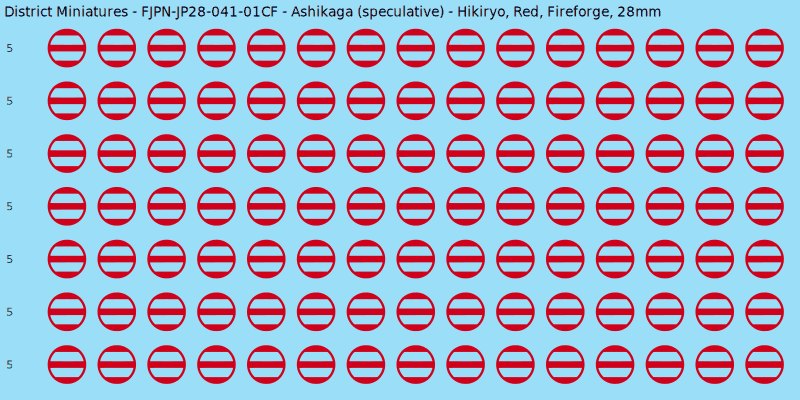 Ashikaga (speculative) clan mon, Red waterslide decal sheet, Fireforge banner sizes, 28mm