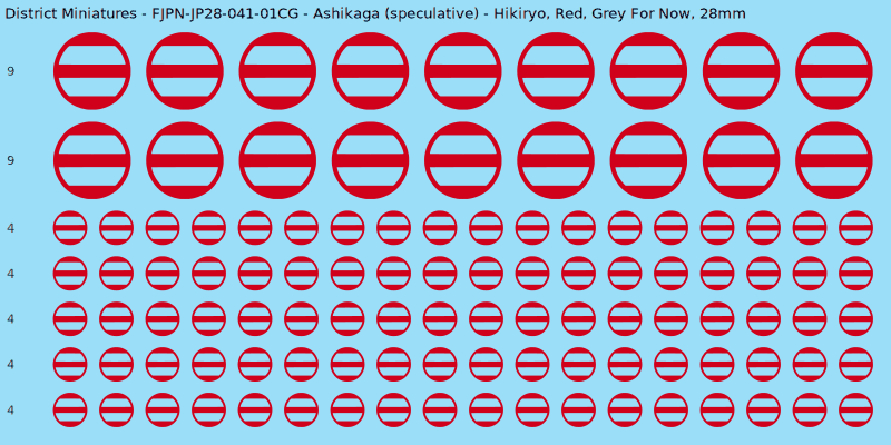 Ashikaga (speculative) clan mon, Red waterslide decal sheet, Grey For Now banner sizes, 28mm