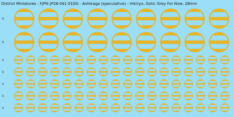 Ashikaga (speculative) clan mon, Yellow/Gold waterslide decal sheet, Grey For Now banner sizes, 28mm