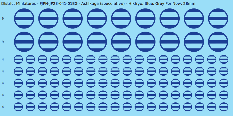 Ashikaga (speculative) clan mon, Blue waterslide decal sheet, Grey For Now banner sizes, 28mm
