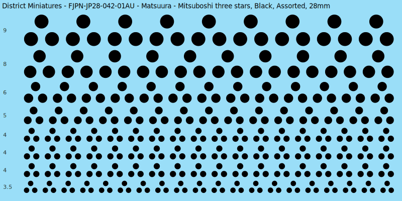 Matsuura clan mon, Mitsuboshi three stars, Black waterslide decal sheet, 28mm