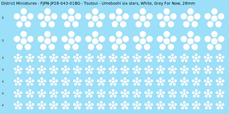 Tsutsui clan mon, White waterslide decal sheet, Grey For Now banner sizes, 28mm