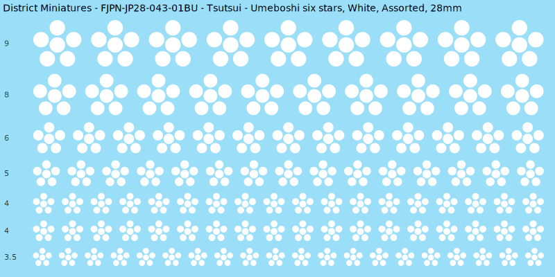 Tsutsui clan mon, Umeboshi six stars, White waterslide decal sheet, 28mm