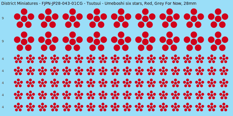 Tsutsui clan mon, Red waterslide decal sheet, Grey For Now banner sizes, 28mm