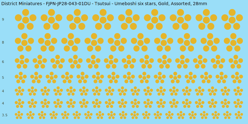Tsutsui clan mon, Umeboshi six stars, Gold waterslide decal sheet, 28mm