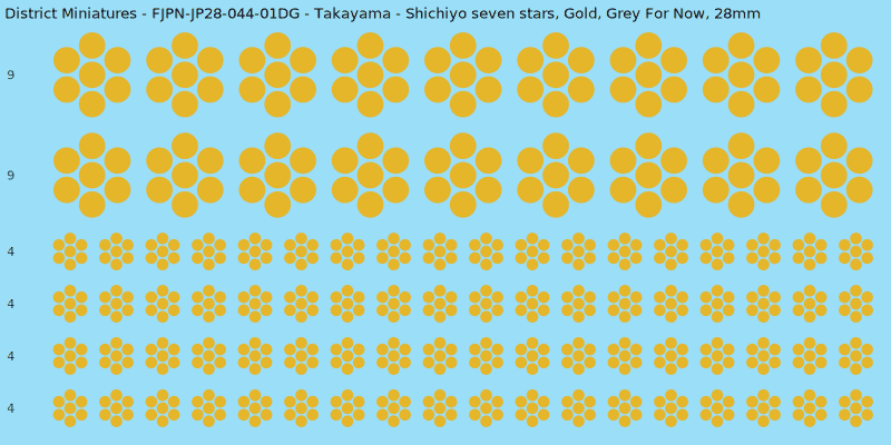 Takayama clan mon, Yellow/Gold waterslide decal sheet, Grey For Now banner sizes, 28mm