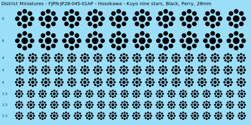 Hosokawa clan mon, Black waterslide decal sheet, Perry banner sizes, 28mm