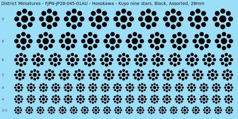 Hosokawa clan mon, Kuyo nine stars, Black waterslide decal sheet, 28mm
