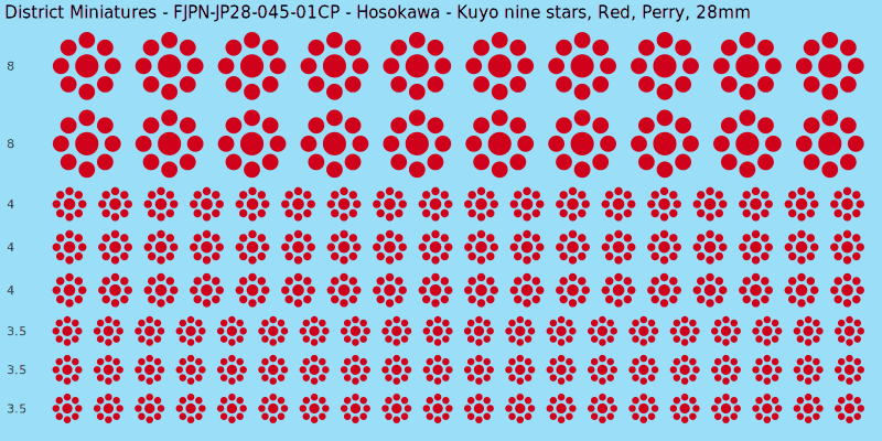 Hosokawa clan mon, Red waterslide decal sheet, Perry banner sizes, 28mm