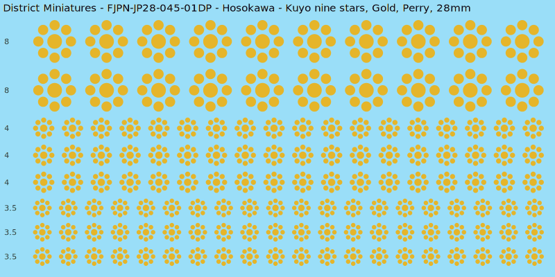 Hosokawa clan mon, Yellow/Gold waterslide decal sheet, Perry banner sizes, 28mm