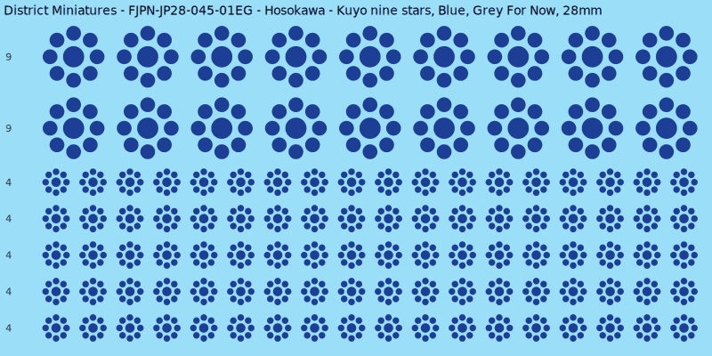 Hosokawa clan mon, Blue waterslide decal sheet, Grey For Now banner sizes, 28mm