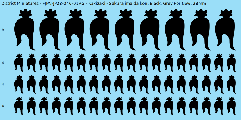 Kakizaki clan mon, Black waterslide decal sheet, Grey For Now banner sizes, 28mm