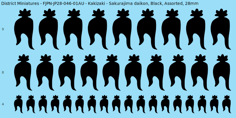 Kakizaki clan mon, Black waterslide decal sheet, Assorted banner sizes, 28mm