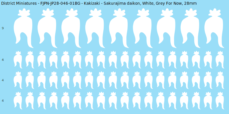 Kakizaki clan mon, White waterslide decal sheet, Grey For Now banner sizes, 28mm