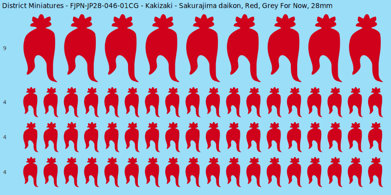 Kakizaki clan mon, Red waterslide decal sheet, Grey For Now banner sizes, 28mm