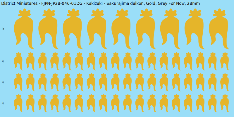 Kakizaki clan mon, Yellow/Gold waterslide decal sheet, Grey For Now banner sizes, 28mm