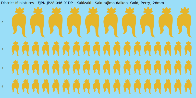 Kakizaki clan mon, Yellow/Gold waterslide decal sheet, Perry banner sizes, 28mm