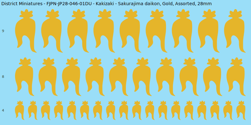 Kakizaki clan mon, Yellow/Gold waterslide decal sheet, Assorted banner sizes, 28mm