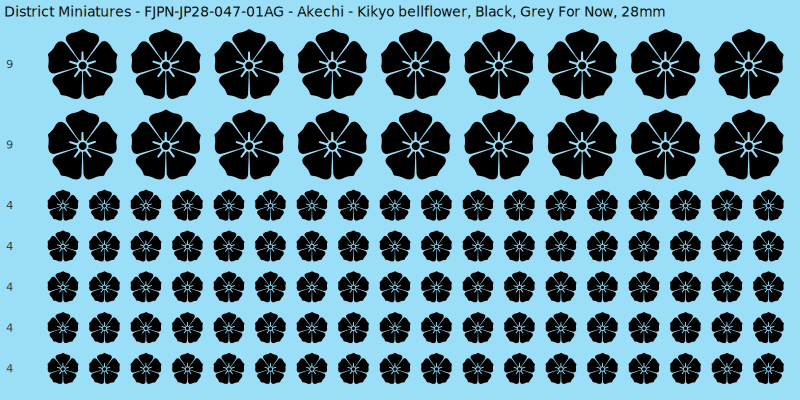 Akechi clan mon, Black waterslide decal sheet, Grey For Now banner sizes, 28mm
