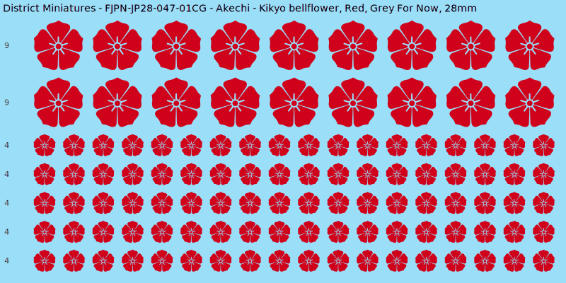 Akechi clan mon, Red waterslide decal sheet, Grey For Now banner sizes, 28mm