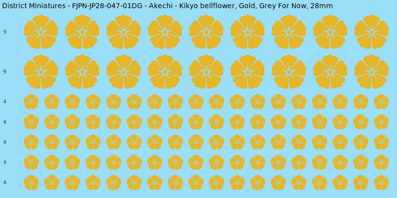 Akechi clan mon, Yellow/Gold waterslide decal sheet, Grey For Now banner sizes, 28mm