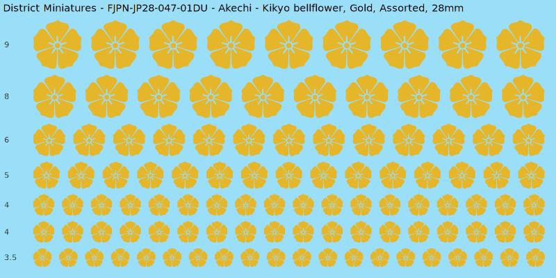 Akechi clan mon, Yellow/Gold waterslide decal sheet, Assorted banner sizes, 28mm