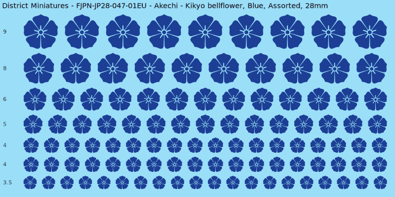 Akechi clan mon, Kikyo bellflower, Blue waterslide decal sheet, 28mm