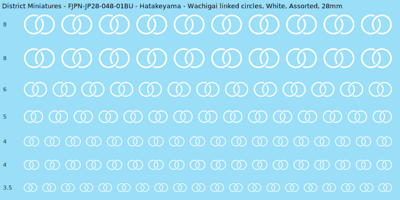 Hatakeyama clan mon, Wachigai linked circles, White waterslide decal sheet, 28mm