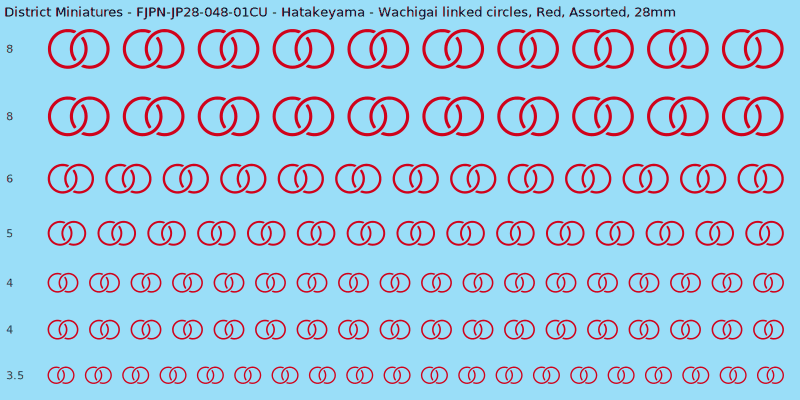 Hatakeyama clan mon, Wachigai linked circles, Red waterslide decal sheet, 28mm