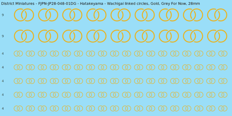 Hatakeyama clan mon, Yellow/Gold waterslide decal sheet, Grey For Now banner sizes, 28mm
