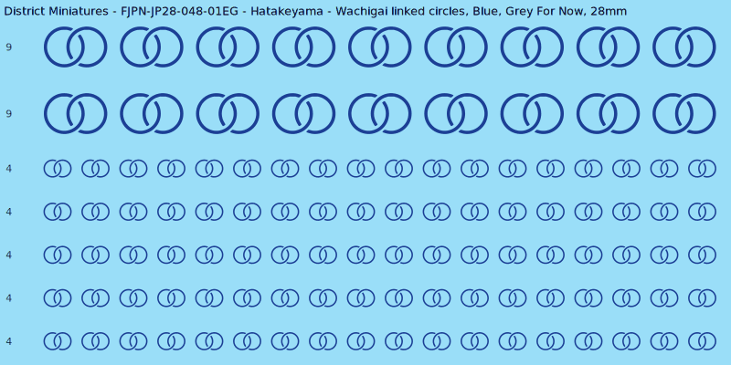 Hatakeyama clan mon, Blue waterslide decal sheet, Grey For Now banner sizes, 28mm