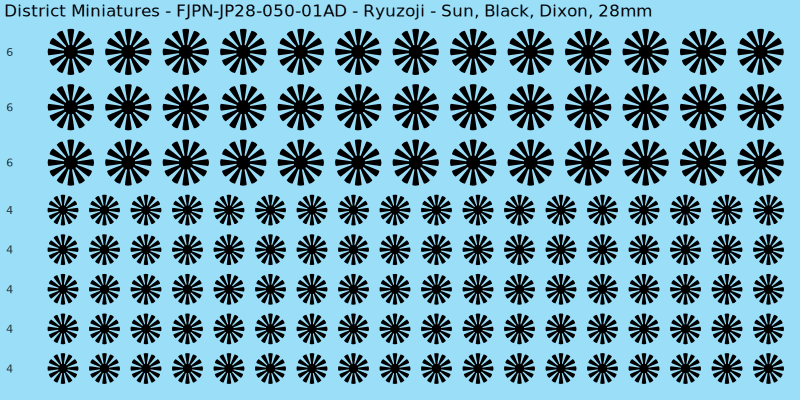 Ryuzoji clan mon, Black waterslide decal sheet, Dixon banner sizes, 28mm