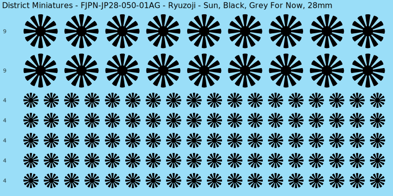 Ryuzoji clan mon, Black waterslide decal sheet, Grey For Now banner sizes, 28mm